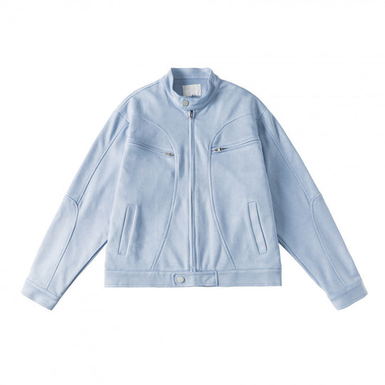 Unisex Kurzgeschnittene kastige Velours-Blousonjacke mit Stehkragen und Brustreißverschlüssen Nord Taschen