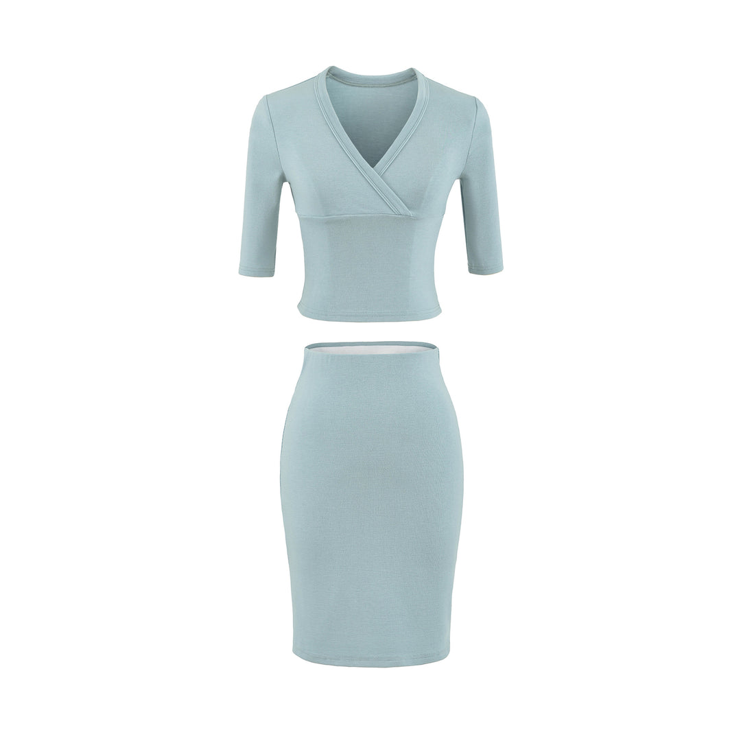Damen Zweiteiliges figurbetontes Wickel-Top mit Dreiviertelärmeln und Highwaist-Bleistiftrock Nord Taschen