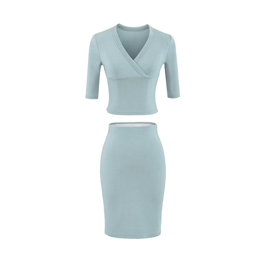 Damen Zweiteiliges figurbetontes Wickel-Top mit Dreiviertelärmeln und Highwaist-Bleistiftrock Nord Taschen