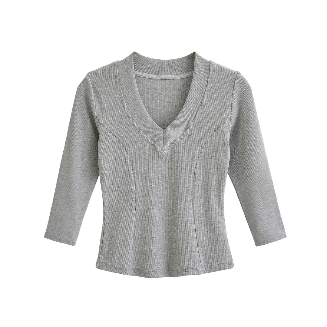Damen Geripptes Langarmshirt mit V-Ausschnitt und taillierter Schnittführung Nord Taschen