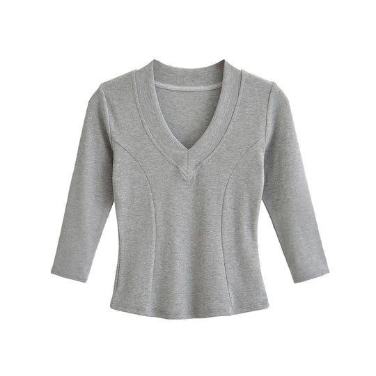 Damen Geripptes Langarmshirt mit V-Ausschnitt und taillierter Schnittführung Nord Taschen