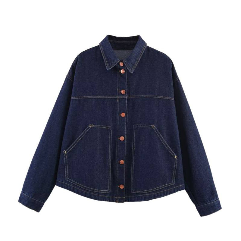 Damen Oversize-Jeansjacke mit kastigem Cropped-Schnitt, aufgesetzten Taschen und Kontrastnähten Nord Taschen