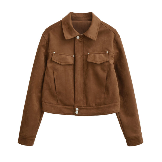 Damen Kurze Velours-Optik Jacke mit Druckknopf-Leiste und aufgesetzten Brusttaschen Nord Taschen