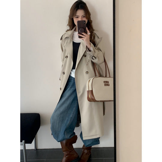 Damen Langer Trenchcoat mit Hochkragen, doppelter Sturmklappe und verstellbaren Manschetten Nord Taschen