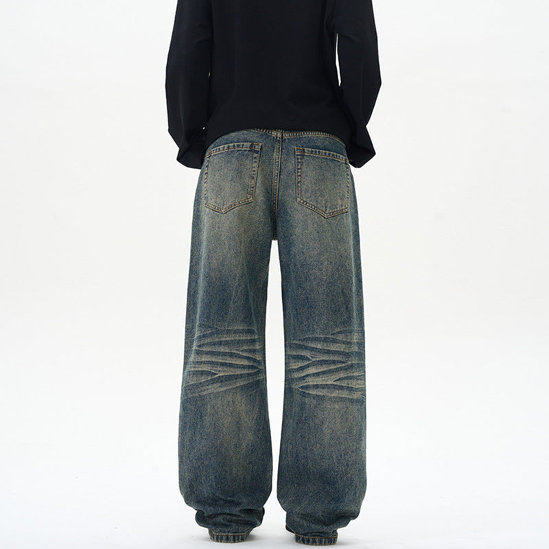 Herren Weite Denim-Jeans im Vintage-Whisker-Look mit horizontalen Falten und bodenlangem Saum Nord Taschen