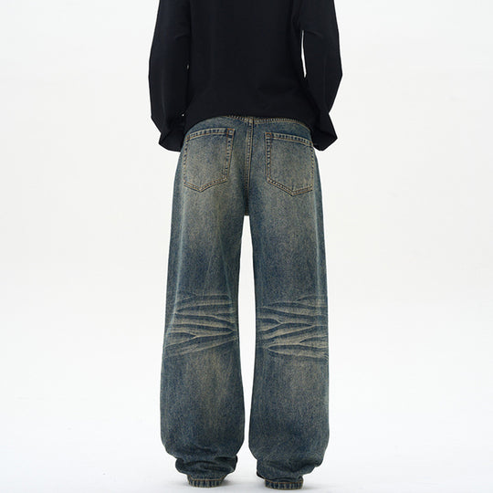 Herren Weite Denim-Jeans im Vintage-Whisker-Look mit horizontalen Falten und bodenlangem Saum Nord Taschen