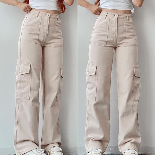 Damen High-Waist-Cargohose aus Twill mit aufgesetzten Klappentaschen und weitem Bein Nord Taschen