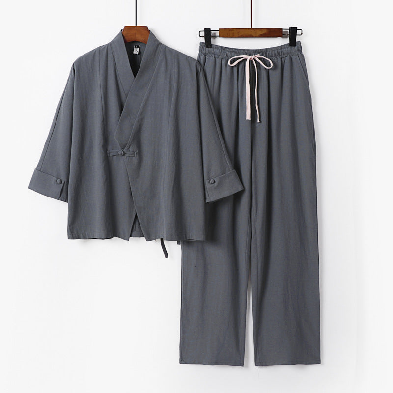 Unisex Leichtes Zen-Lounge-Set im Kimono-Stil mit überschnittener Schulter verdeckter Knotenleiste und elastischer Tunnelzughose Nord Taschen