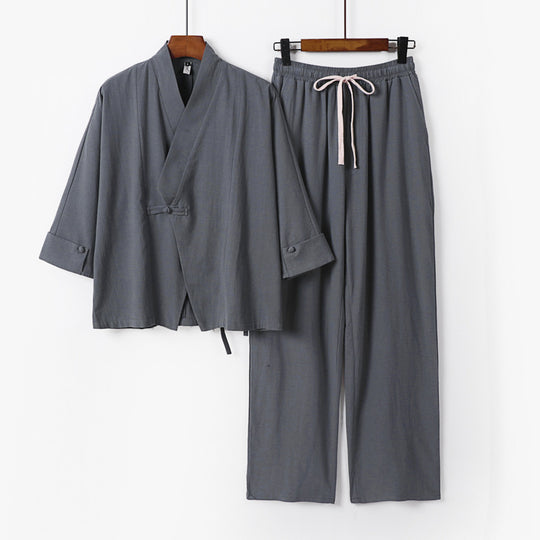Unisex Leichtes Zen-Lounge-Set im Kimono-Stil mit überschnittener Schulter verdeckter Knotenleiste und elastischer Tunnelzughose Nord Taschen