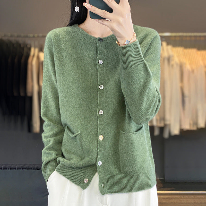 Damen Langer Feinstrick-Cardigan mit Rundhalsausschnitt, Eingrifftaschen und Alpaka-Mix Nord Taschen