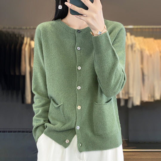 Damen Langer Feinstrick-Cardigan mit Rundhalsausschnitt, Eingrifftaschen und Alpaka-Mix Nord Taschen