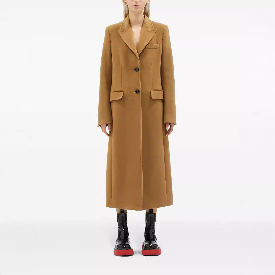 Damen Maxilanger Einreihiger Longcoat im minimalistischen Tailoring mit Pattentaschen Nord Taschen