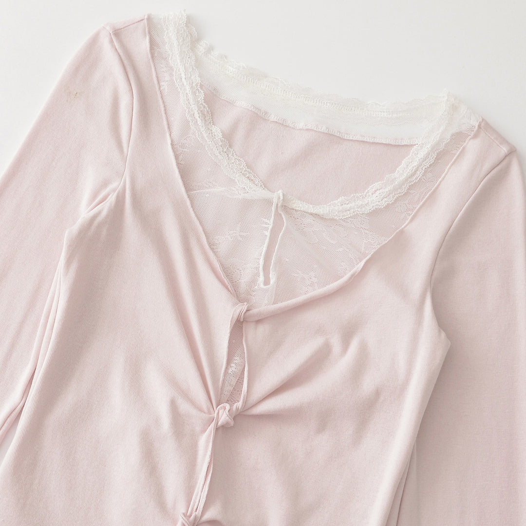 Damen Langarm-Feinjersey-Top mit Spitzen-Einsatz, Knotenfront und Raffung Nord Taschen