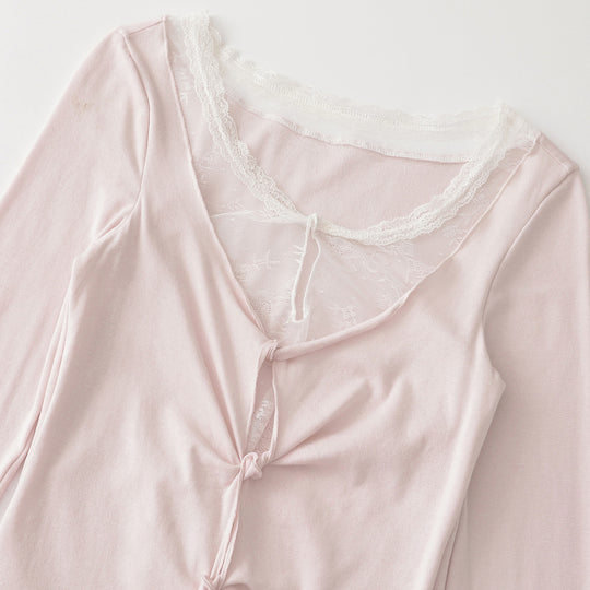 Damen Langarm-Feinjersey-Top mit Spitzen-Einsatz, Knotenfront und Raffung Nord Taschen