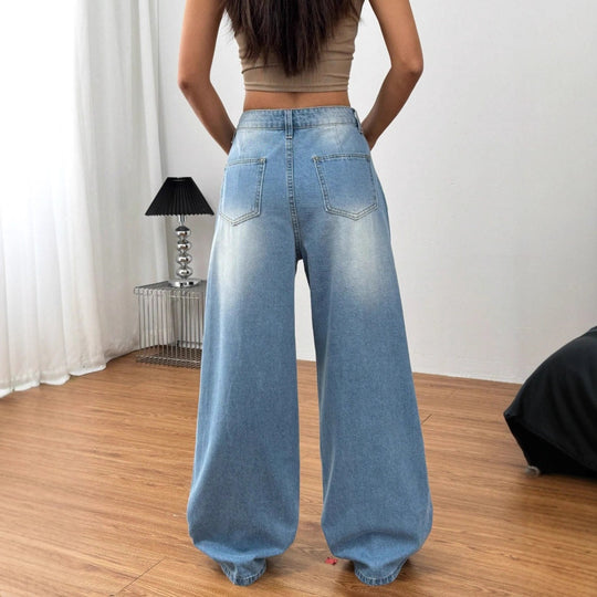 Damen weite High‑Waist-Jeans im Vintage-Wash mit verwaschener Fleckoptik und extra weitem Bein Nord Taschen