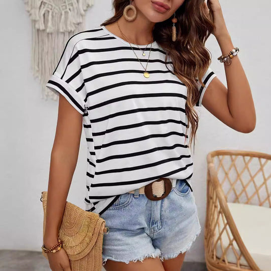 Damen gestreiftes Kurzarm-Shirt Nord Taschen