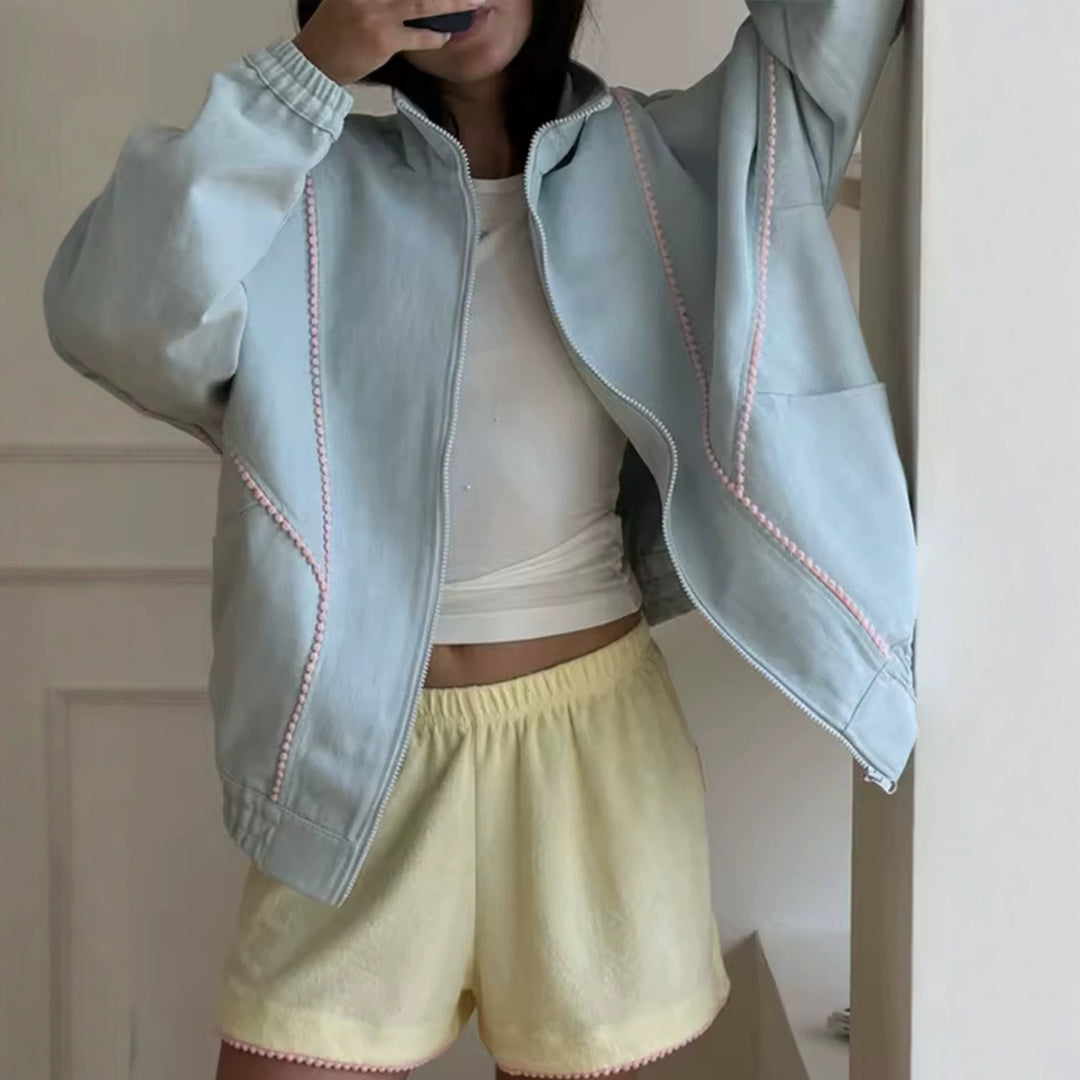 Damen Leichte Cropped‑Bomberjacke mit Zierborten, elastischen Bündchen und durchgehendem Reißverschluss Nord Taschen