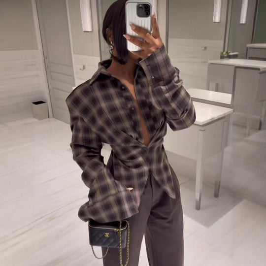 Damen Karierte Oversize-Hemdjacke mit spitz zulaufendem Saum Nord Taschen