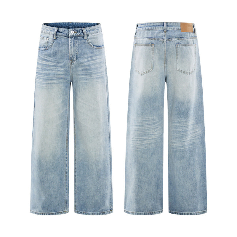 Herren Weitfallende Loose-Palazzo-Denimjeans mit tiefem Schritt und heller Used-Waschung Nord Taschen