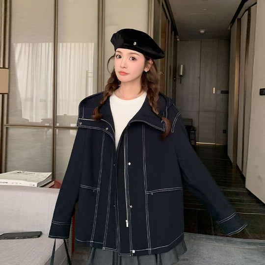 Damen Kurzjacke mit hohem Stehkragen, kontrastierenden Ziernähten und kastiger Oversize‑Silhouette Nord Taschen