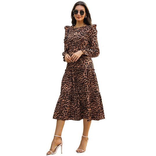 Damen Midi-Stufenkleid mit Leoprint, Volantdetails und taillierter Silhouette Nord Taschen