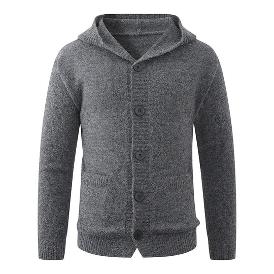 Herren Kapuzen-Strickcardigan aus Thermo-Feinstrick mit durchgehender Knopfleiste und Eingrifftaschen Nord Taschen
