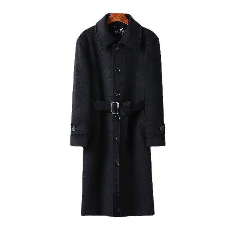Herren taillierter Maxilanger Wollmix‑Mantel mit Bindegürtel und Kentkragen Nord Taschen