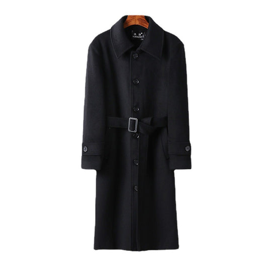 Herren taillierter Maxilanger Wollmix‑Mantel mit Bindegürtel und Kentkragen Nord Taschen