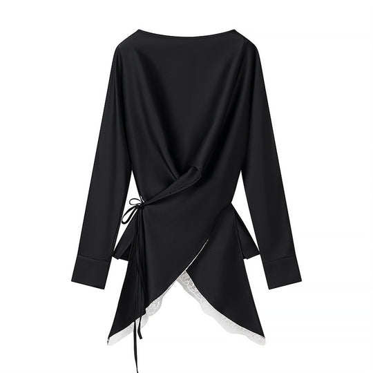 Damen Zweiteiliges Satin-Set mit Wickelbluse, Spitzenbesatz und A‑Linien Maxirock Nord Taschen