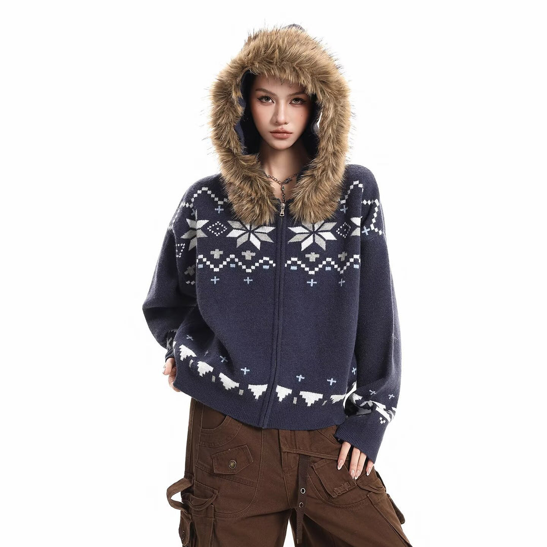 Damen Kapuzensweatjacke mit Kunstfell Kragen und Norweger-Muster Nord Taschen