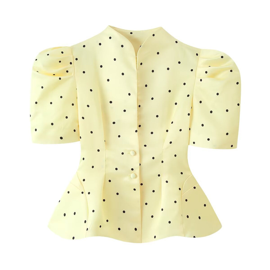 Damen Taillierte Satinbluse mit Puffärmeln, Stehkragen und Polka‑Dot‑Print Nord Taschen