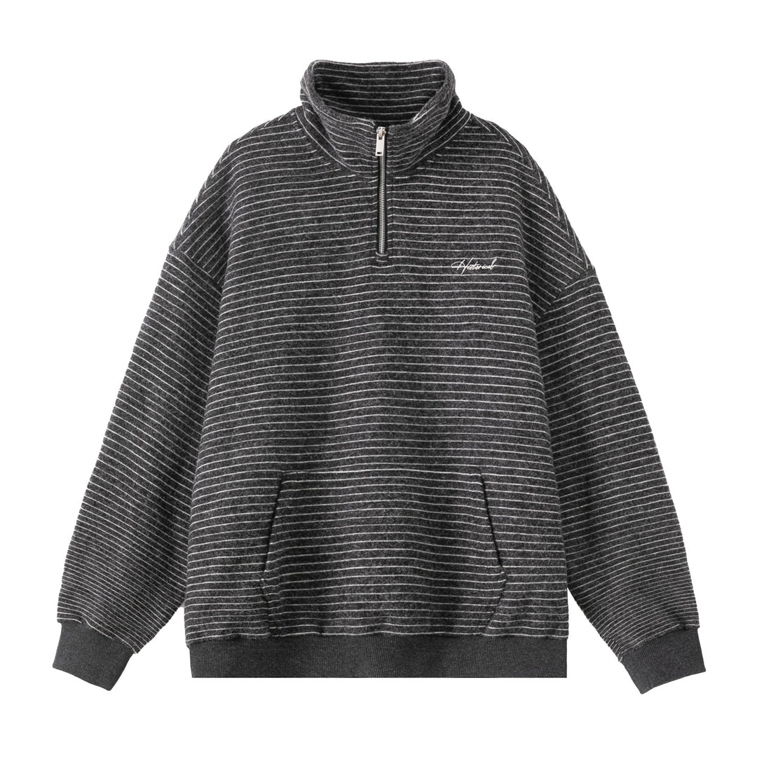Unisex Oversize-Halbzip-Sweatshirt im feinen Streifen-Frottée mit Stehkragen und Kängurutasche Nord Taschen