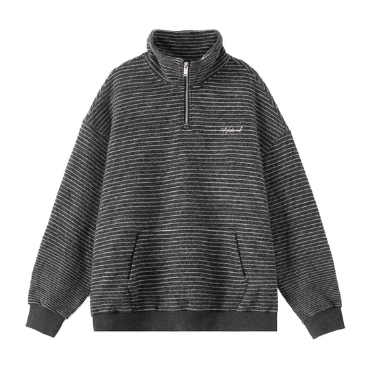 Unisex Oversize-Halbzip-Sweatshirt im feinen Streifen-Frottée mit Stehkragen und Kängurutasche Nord Taschen