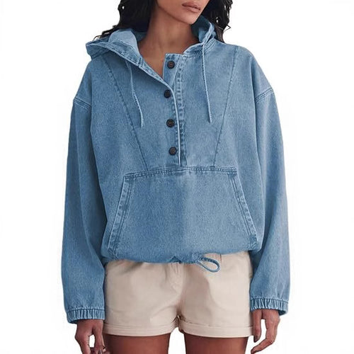 Damen Denim-Hoodie mit halber Knopfleiste, Kängurutasche und Tunnelzugsaum Nord Taschen