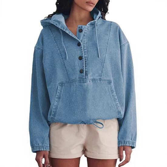 Damen Jeans-Halbanorak mit Kapuze, Kängurutasche und Tunnelzug Nord Taschen