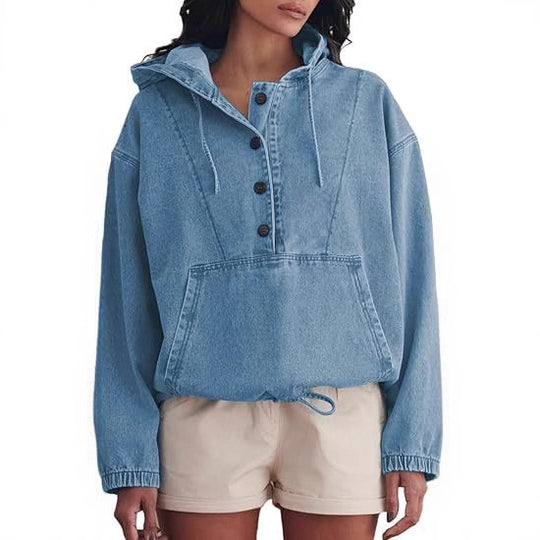 Damen Jeans-Halbanorak mit Kapuze, Kängurutasche und Tunnelzug Nord Taschen