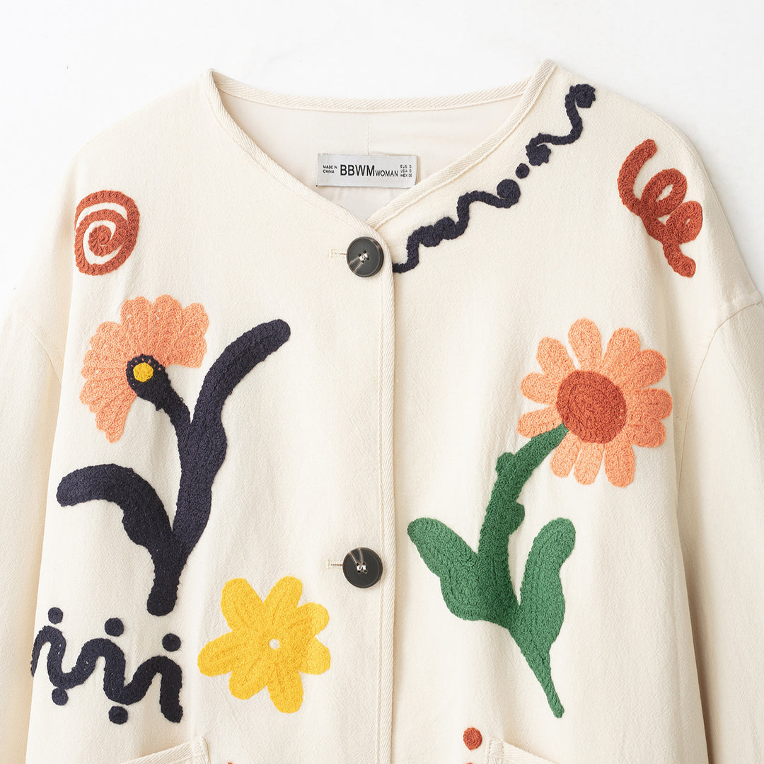 Damen Bestickte Oversize Baumwolljacke mit Blumendekor und Knopfleiste Nord Taschen