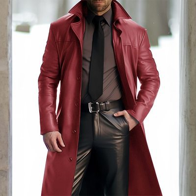 Herren Langer Ledermantel mit Hemdkragen, tailliertem Schnitt und verdeckter Knopfleiste Nord Taschen