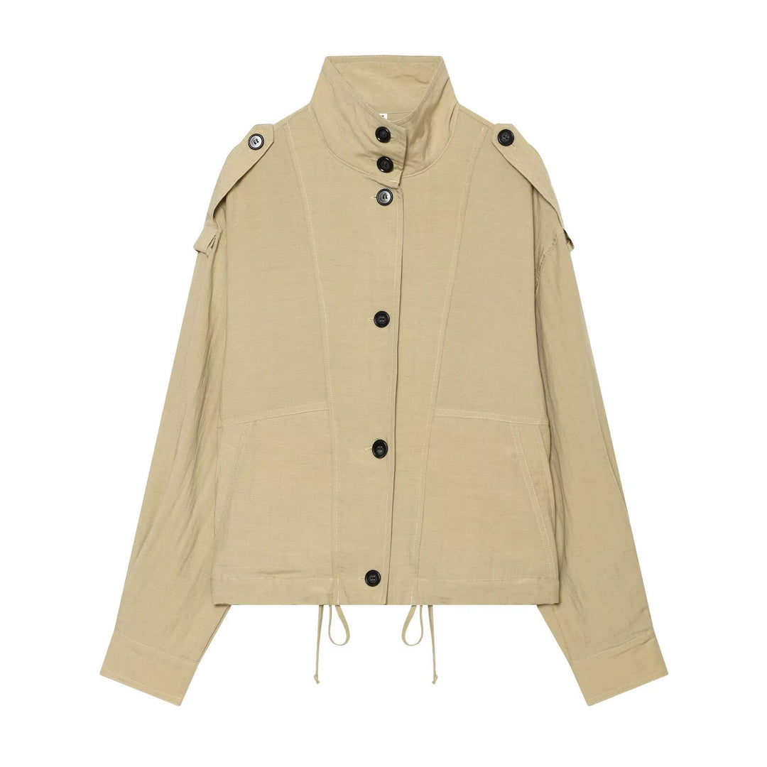 Damen Oversize Cropped Utility‑Jacke mit hohem Stehkragen, Schulterklappen und Tunnelzug Nord Taschen