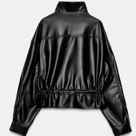Damen Glänzende Cropped‑Kunstlederjacke im Blousonstil mit Stehkragen und Tunnelzugbund Nord Taschen