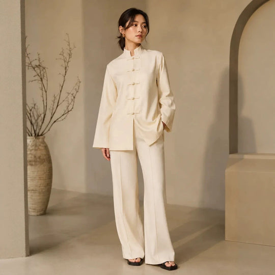 Damen Mandarin-Kragen Tunikajacke mit Knotenverschlüssen und weiter Palazzo-Hose Nord Taschen