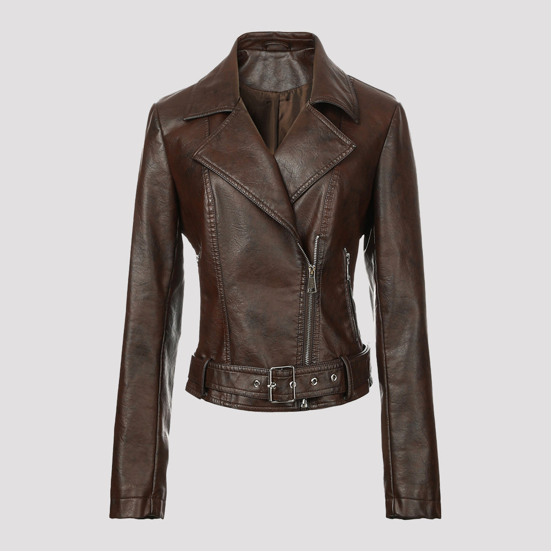Damen Kurz geschnittene taillierte Leder-Bikerjacke mit Taillengürtel und asymmetrischem Reißverschluss Nord Taschen