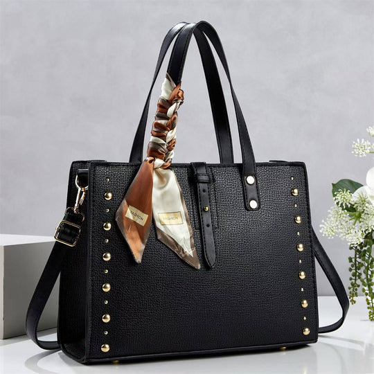 Damen elegante Tote-Handtasche mit goldenen Nieten und modischem Schal Nord Taschen