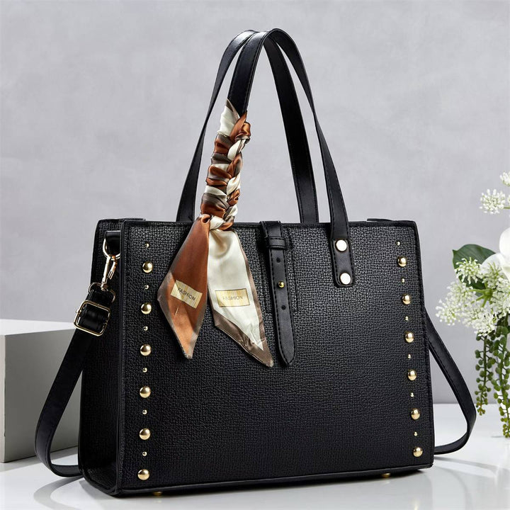 Damen elegante Tote-Handtasche mit goldenen Nieten und modischem Schal Nord Taschen