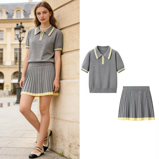 Damen Zweiteiliges Strick-Set mit Poloshirt und plissiertem Midirock Nord Taschen