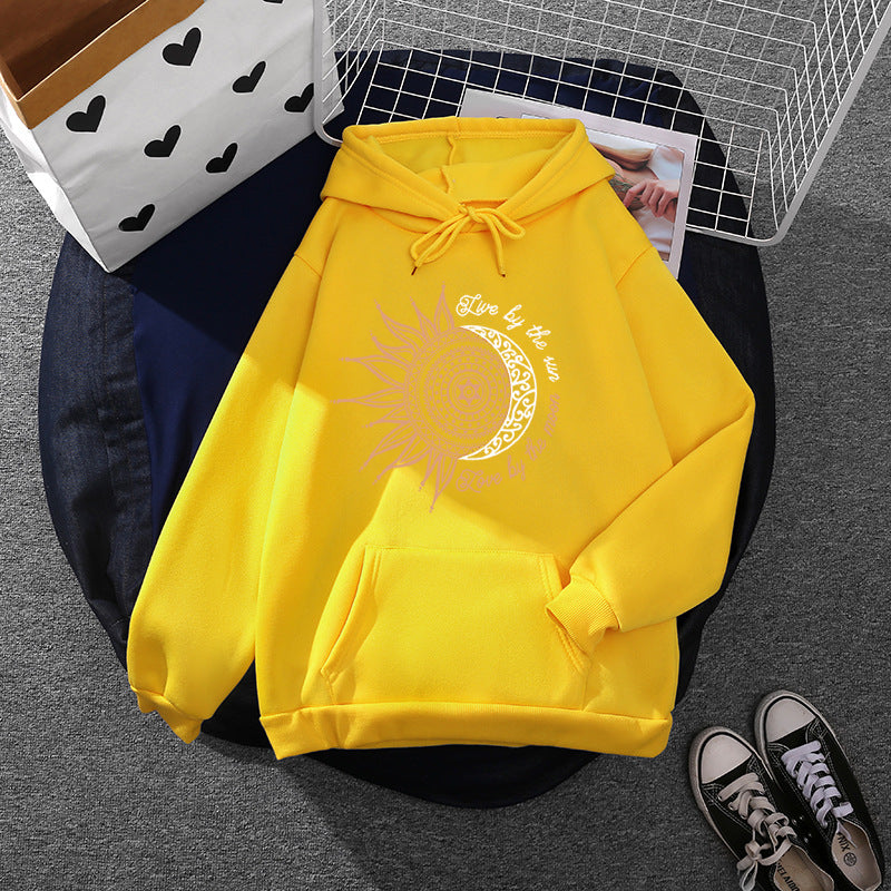 Damen nan Kapuzenpullover mit Sonn-und-Mond-Mandala, Kängurutasche und angerautem Fleece Nord Taschen