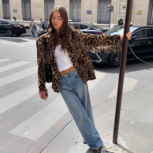 Damen Kurzer Kunstfell-Blouson mit Leopardenprint und Fransen Nord Taschen