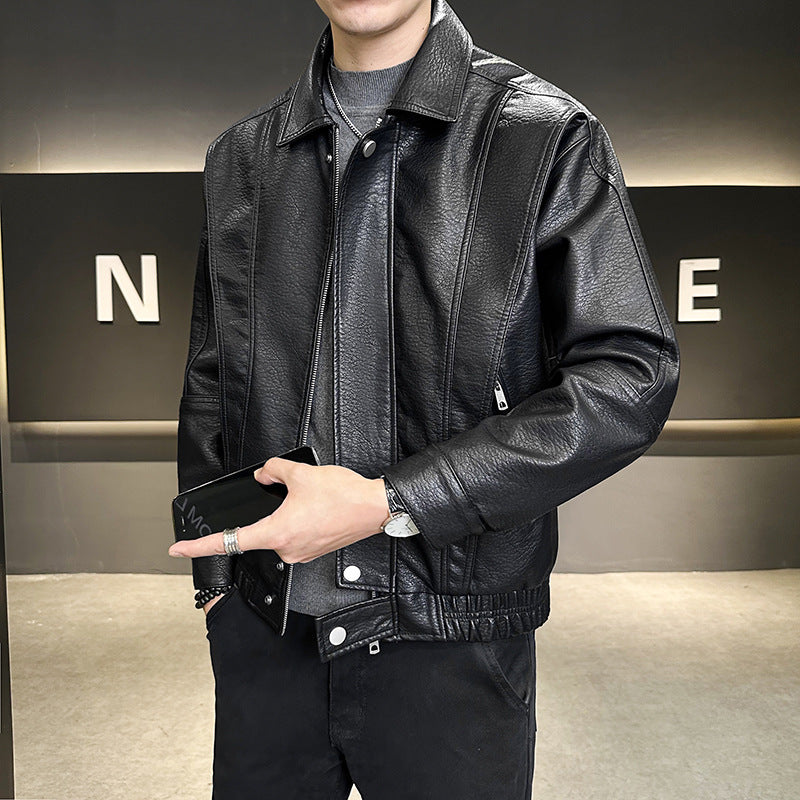 Herren Kurzer Oversized Lederimitat-Blouson mit Stehkragen, Reißverschluss und elastischem Saum Nord Taschen