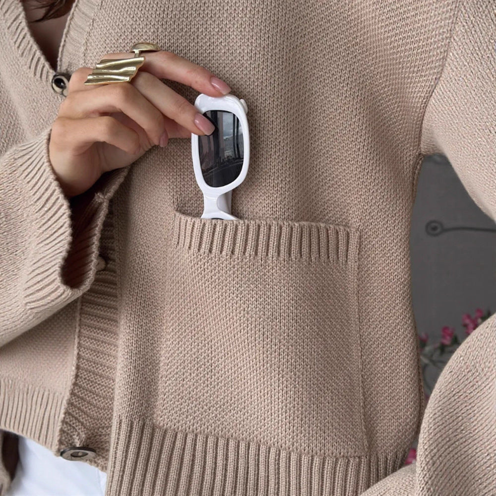 Strickjacke Damen lässig mit Knopfverschluss und großen Taschen
