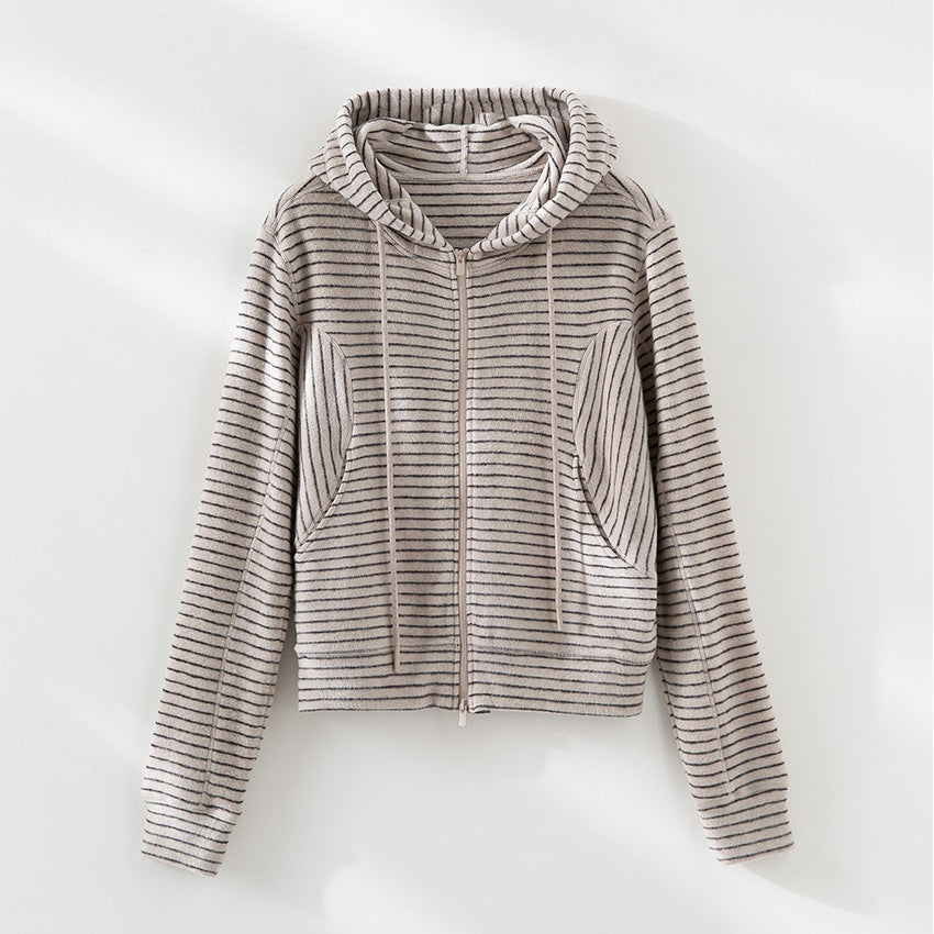 Damen Gestreifte Kapuzen-Zip-Strickjacke mit Eingrifftaschen und schmalem Rippbündchen Nord Taschen